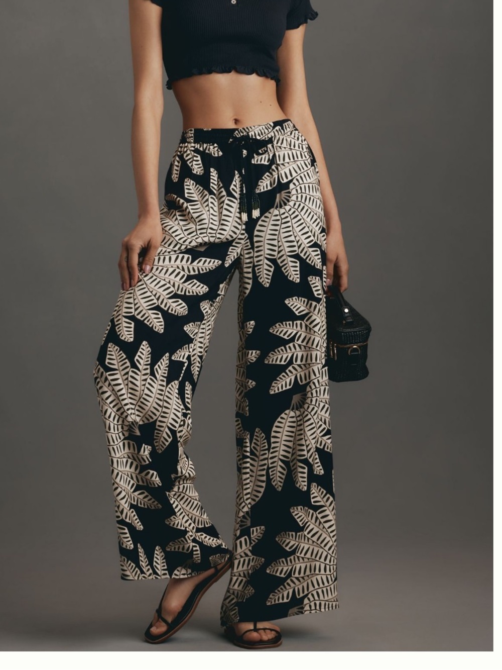 FARM Rio Black Wide-Leg Palm Print Pants with Cream Leaf Motif